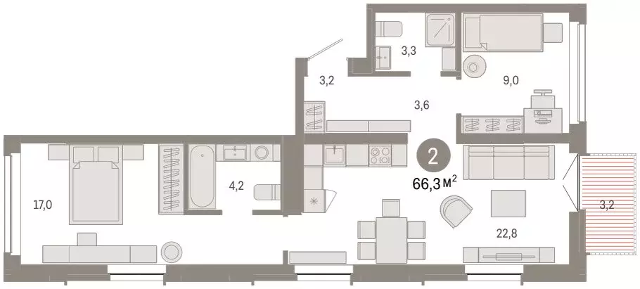 3-комнатная квартира: Тюмень, улица Республики, 205к2 (66.4 м) - Фото 1