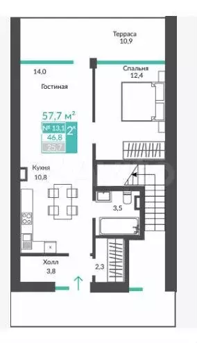2-к. квартира, 57,7 м, 1/2 эт. - Фото 1