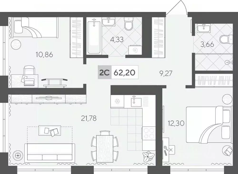 2-к кв. Тюменская область, Тюмень ул. Сергея Корепанова, 34 (62.2 м) - Фото 0