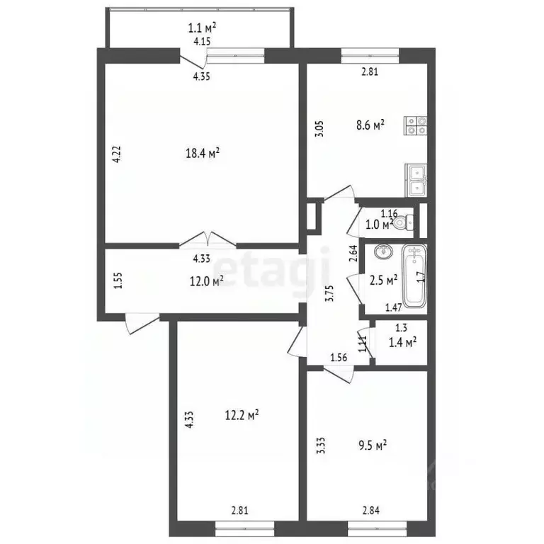 3-к кв. Забайкальский край, Чита Северный мкр, 58 (67.8 м) - Фото 2