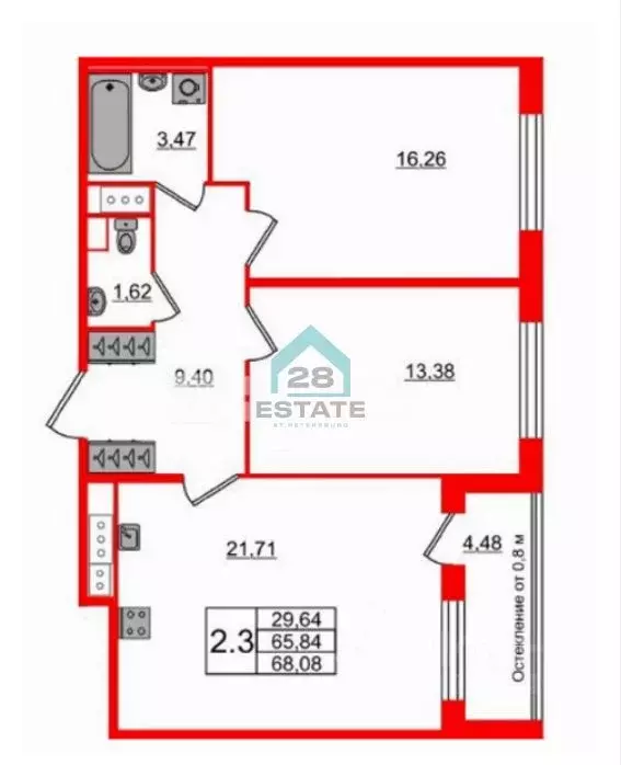 2-к кв. Санкт-Петербург Кубинская ул., 76к6литО (68.08 м) - Фото 2