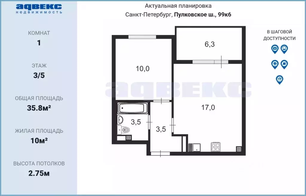 1-к кв. Санкт-Петербург Пулковское ш., 99к6 (34.0 м) - Фото 1