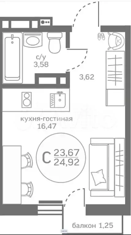 Квартира-студия, 23,2 м, 3/17 эт. - Фото 0