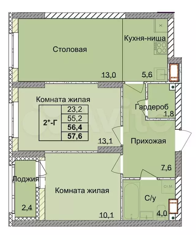 2-к. квартира, 56,4 м, 2/18 эт. - Фото 0