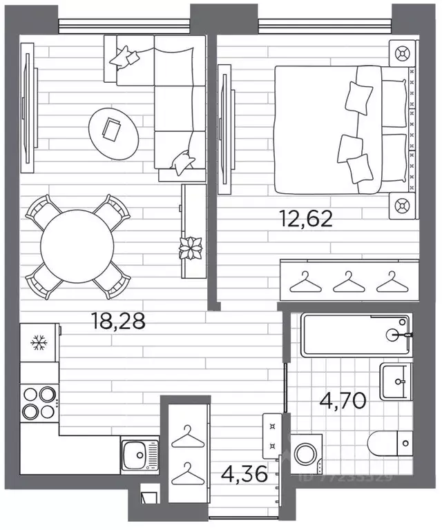 Квартира, 1 комната, 39.96 м - Фото 1