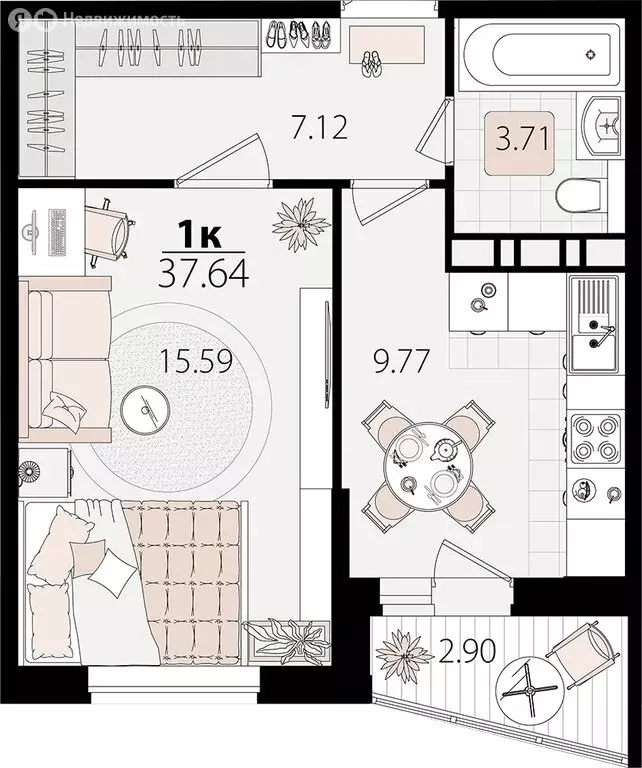 1-комнатная квартира: Яблоновский, Луговая улица, 7/6 (37.35 м) - Фото 0