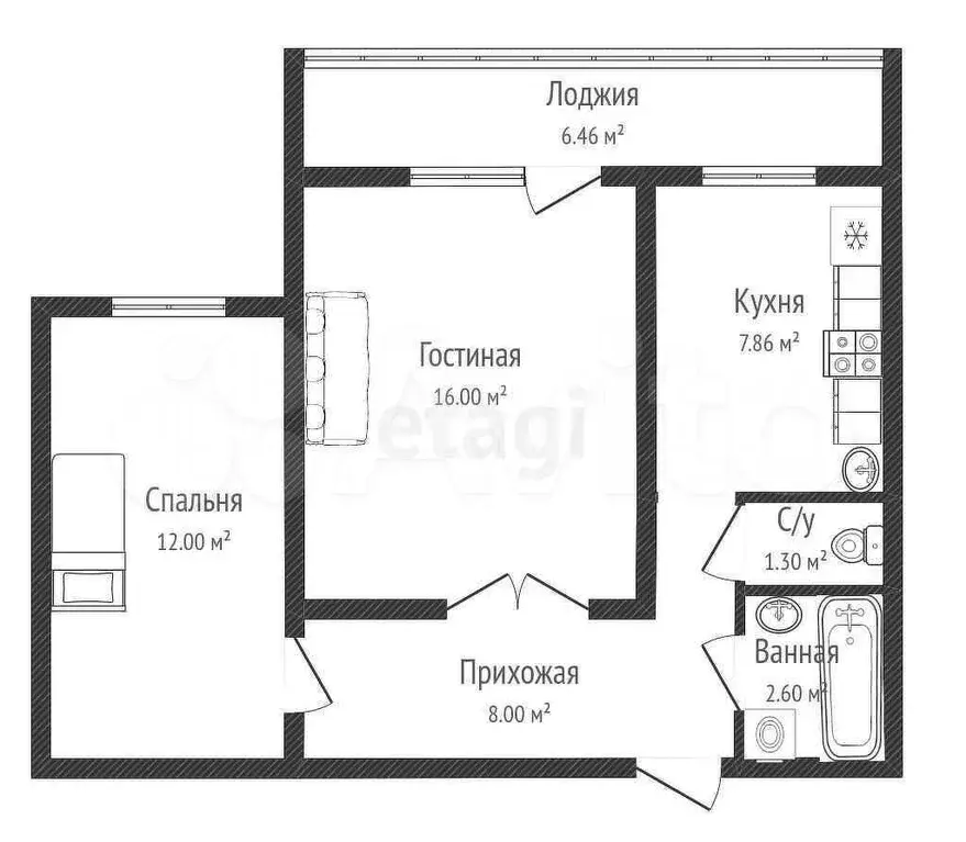 2-к. квартира, 48,9 м, 4/9 эт. - Фото 0