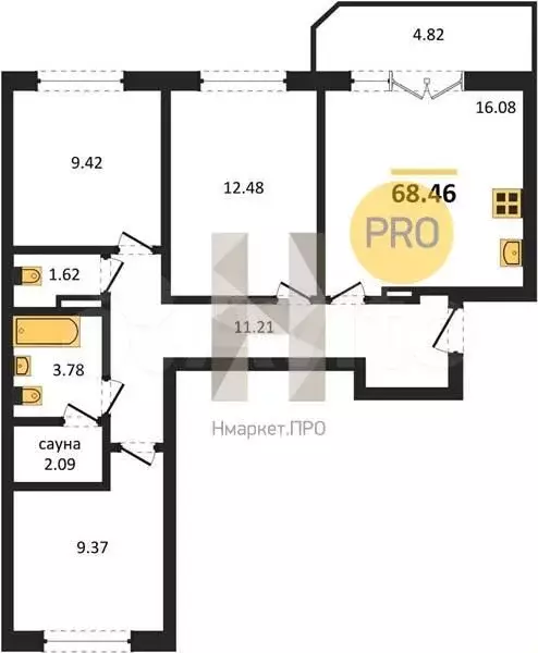 3-к. квартира, 68,5 м, 3/9 эт. - Фото 1