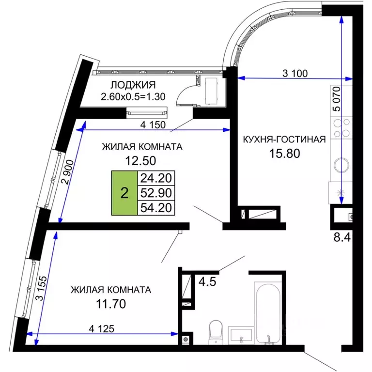 2-к кв. Краснодарский край, Краснодар Фонтаны жилой комплекс (54.2 м) - Фото 1