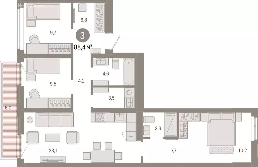 3-комнатная квартира: Тюмень, Ленинский округ (88.44 м) - Фото 1