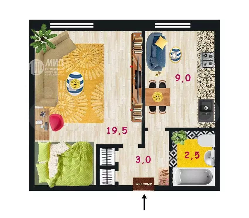 1-к. квартира, 34,6 м, 2/9 эт. - Фото 0