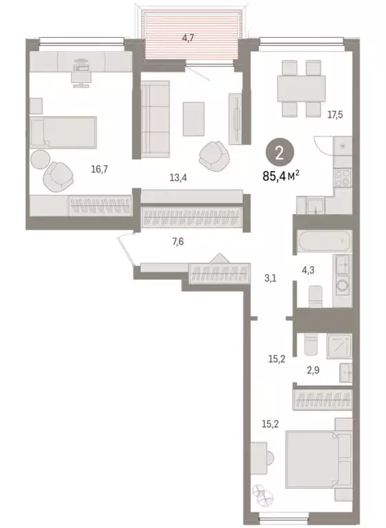 2-комнатная квартира: Тюмень, Мысовская улица, 26к1 (85.35 м) - Фото 1