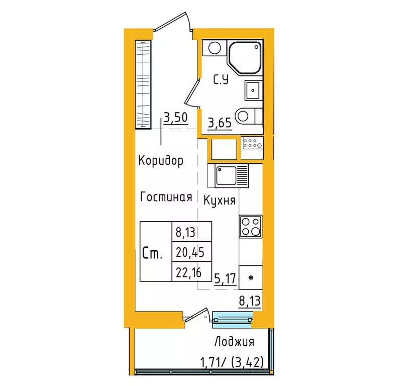 Квартира-студия: Уфа, улица Валерия Лесунова, 22 (22.15 м) - Фото 1