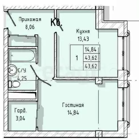 1-к. квартира, 43,6 м, 7/8 эт. - Фото 0