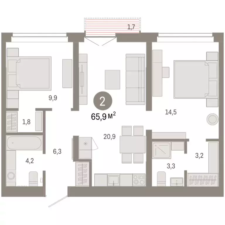 2-комнатная квартира: Тюмень, жилой комплекс Республики 205 (65.88 м) - Фото 2