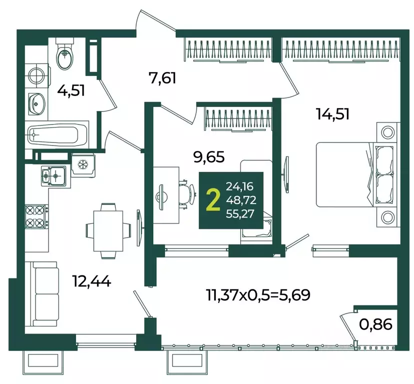 2-к кв. Краснодарский край, Краснодар Образцово мкр,  (55.27 м) - Фото 1