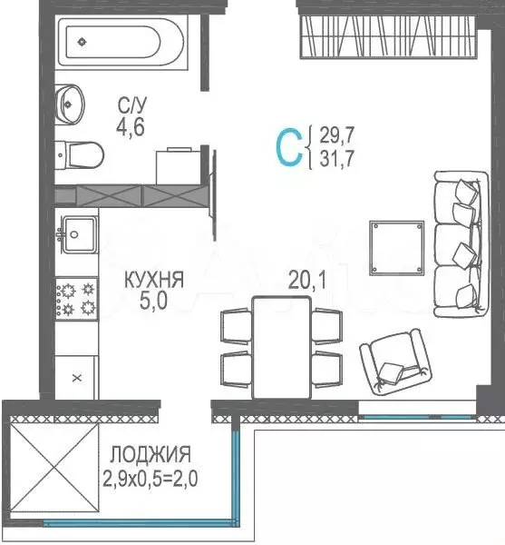 Квартира-студия, 33,6 м, 8/9 эт. - Фото 0