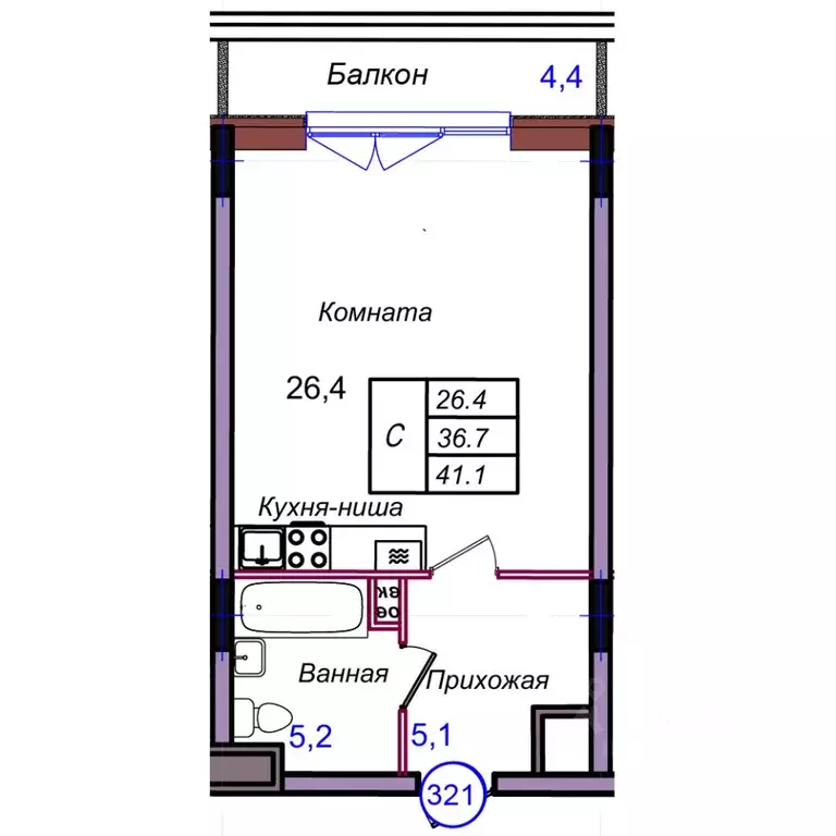 Студия Калининградская область, Светлогорск Балтийская ул. (41.1 м) - Фото 1