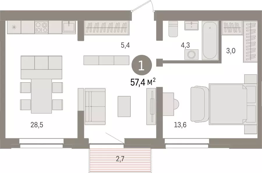 1-комнатная квартира: Тюмень, жилой комплекс Речной Порт (56.9 м) - Фото 2