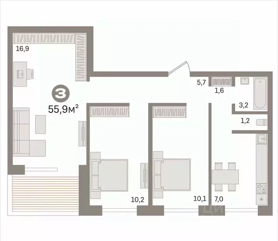 3-к кв. Новосибирская область, Новосибирск ул. Доватора, 21 (55.9 м) - Фото 2