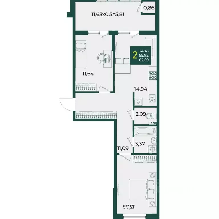 2-к кв. Краснодарский край, Краснодар Образцово мкр,  (62.59 м) - Фото 0