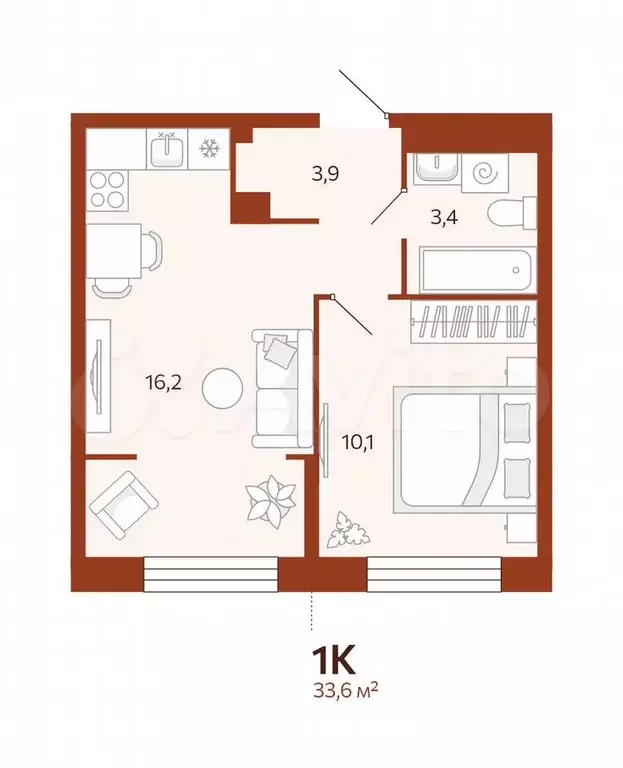 1-к. квартира, 33,6 м, 2/9 эт. - Фото 0