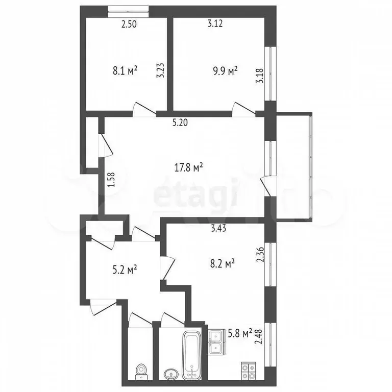 3-к. квартира, 58,4 м, 4/5 эт. - Фото 0