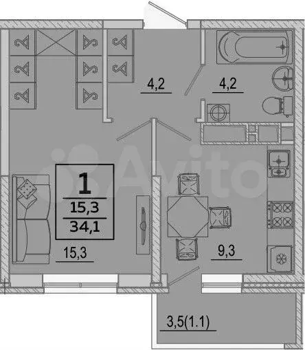 1-к. квартира, 34,1 м, 20/24 эт. - Фото 1