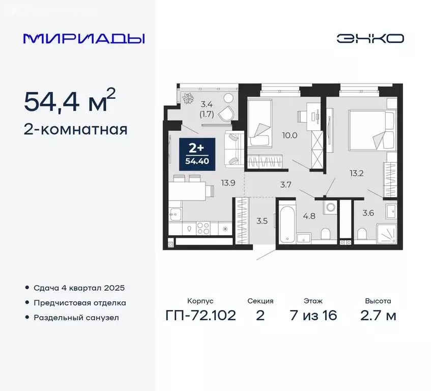 2-комнатная квартира: Тюмень, Ленинский округ (54.4 м) - Фото 0