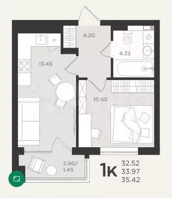 1-к. квартира, 35,4 м, 2/4 эт. - Фото 1