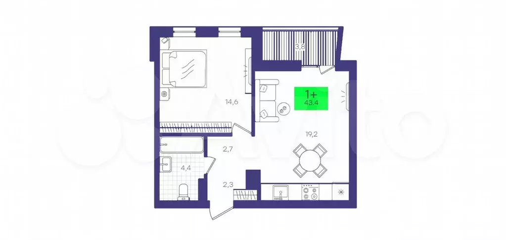 1-к. квартира, 43,4 м, 9/9 эт. - Фото 1