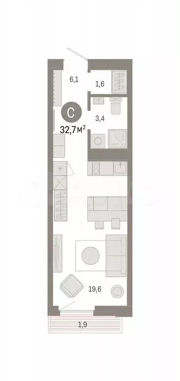 Квартира-студия, 32,7 м, 7/25 эт. - Фото 0