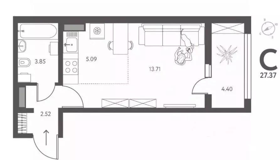 Студия Липецкая область, Липецк ул. Перова, 1 (27.37 м) - Фото 1