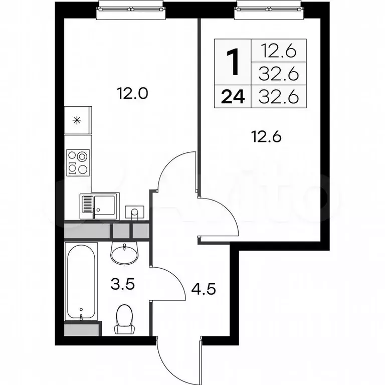 1-к. квартира, 32,6 м, 3/4 эт. - Фото 0
