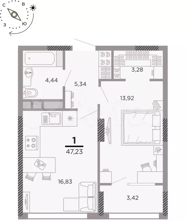 1-к. квартира, 45,5 м, 4/25 эт. - Фото 1