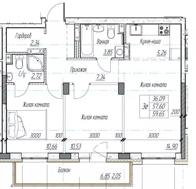 3-комнатная квартира: Пермь, улица Космонавта Леонова, 41к2 (59.64 м) - Фото 1