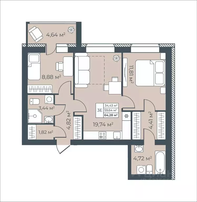 3-к кв. Тульская область, Узловая  (64.28 м) - Фото 1