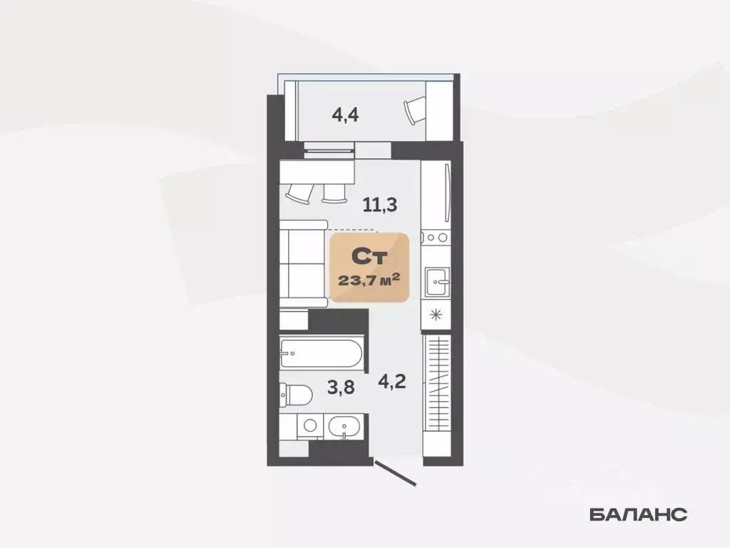 Студия Тюменская область, Тюмень ул. Республики, 204к20 (21.5 м) - Фото 0