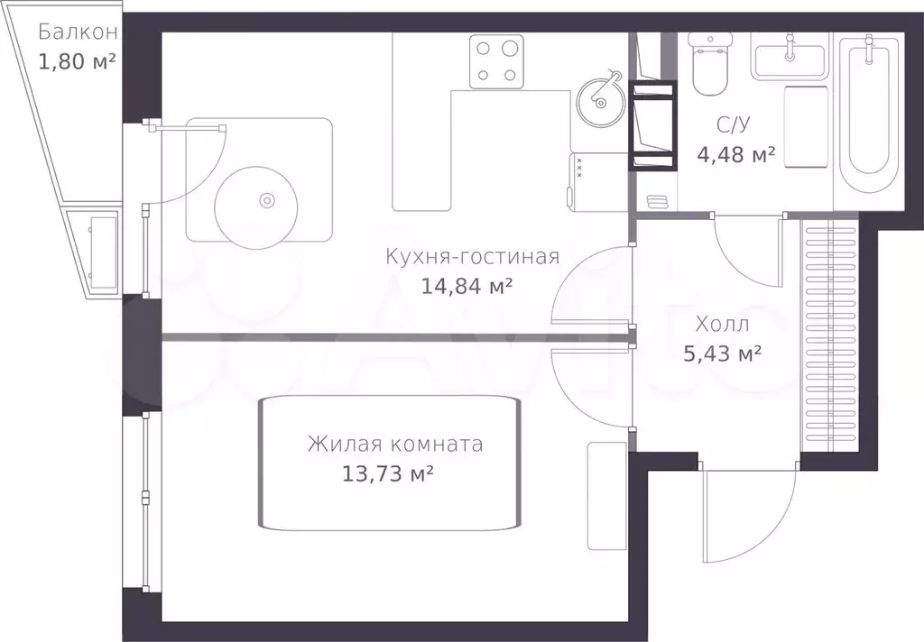 1-к. квартира, 39 м, 8/11 эт. - Фото 1