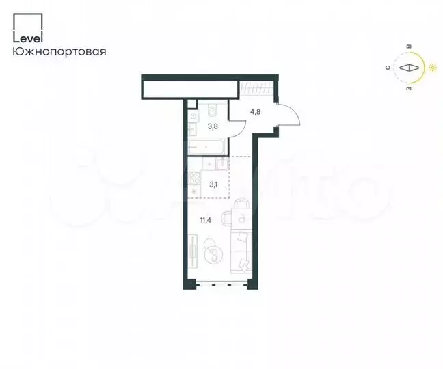 Квартира-студия, 23,4м, 22/68эт. - Фото 0