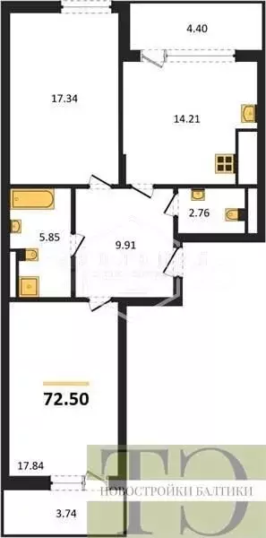 2-к. квартира, 72,5 м, 6/7 эт. - Фото 0