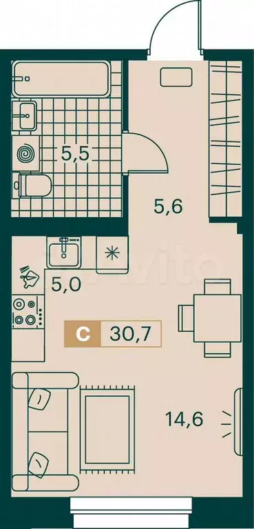 Квартира-студия, 30,7 м, 7/11 эт. - Фото 0