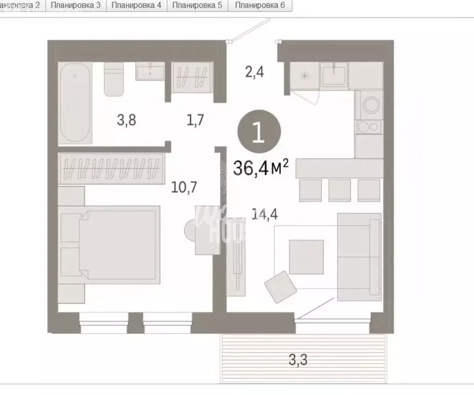 1-комнатная квартира: Тюмень, улица Республики, 205к1 (33.3 м) - Фото 1