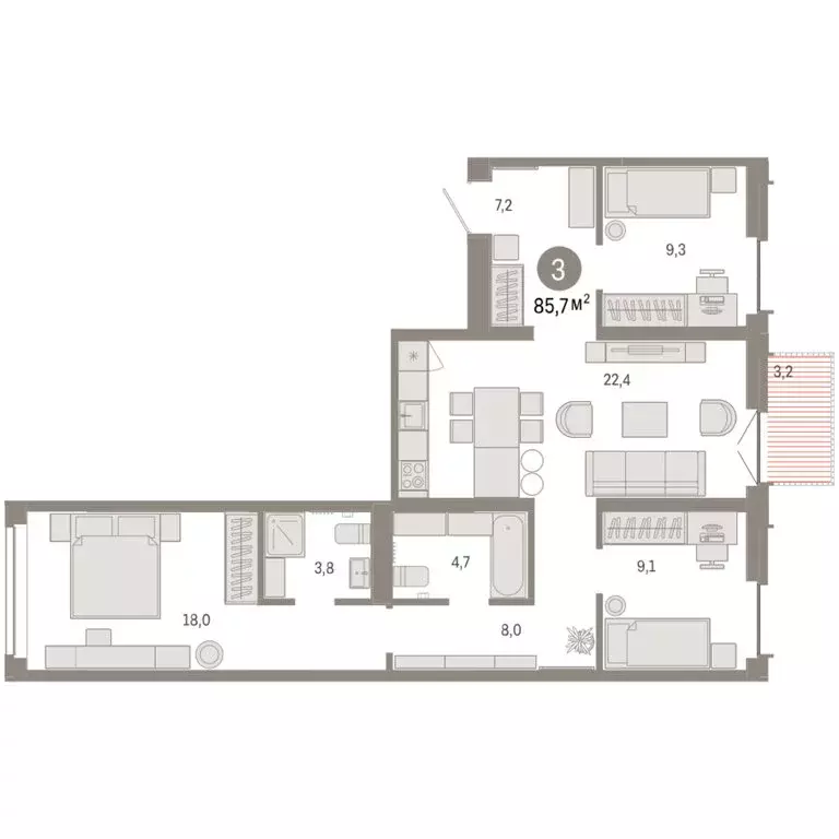 3-комнатная квартира: Тюмень, жилой комплекс Республики 205 (85.67 м) - Фото 2