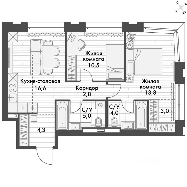 2-к кв. Приморский край, Владивосток Философия жилой комплекс (59.8 м) - Фото 2