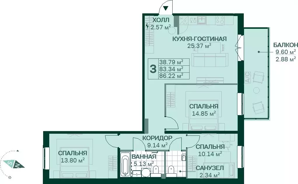 3-комнатная квартира: Санкт-Петербург, Магнитогорская улица, 5к3 (83 ... - Фото 0