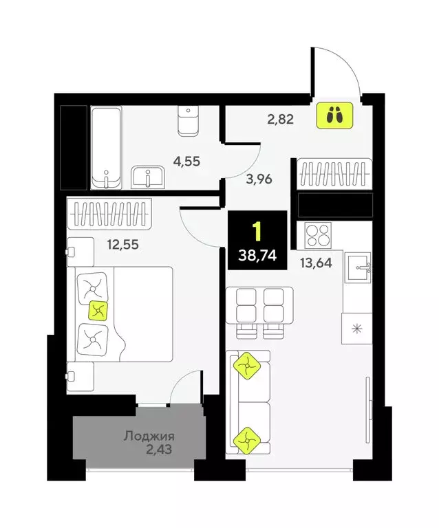 1-комнатная квартира: Тюмень, улица Андрея Приказнова, 7 (38.9 м) - Фото 1