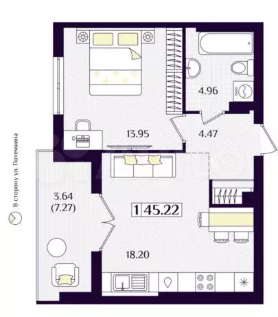 1-к. квартира, 45,2 м, 5/7 эт. - Фото 1
