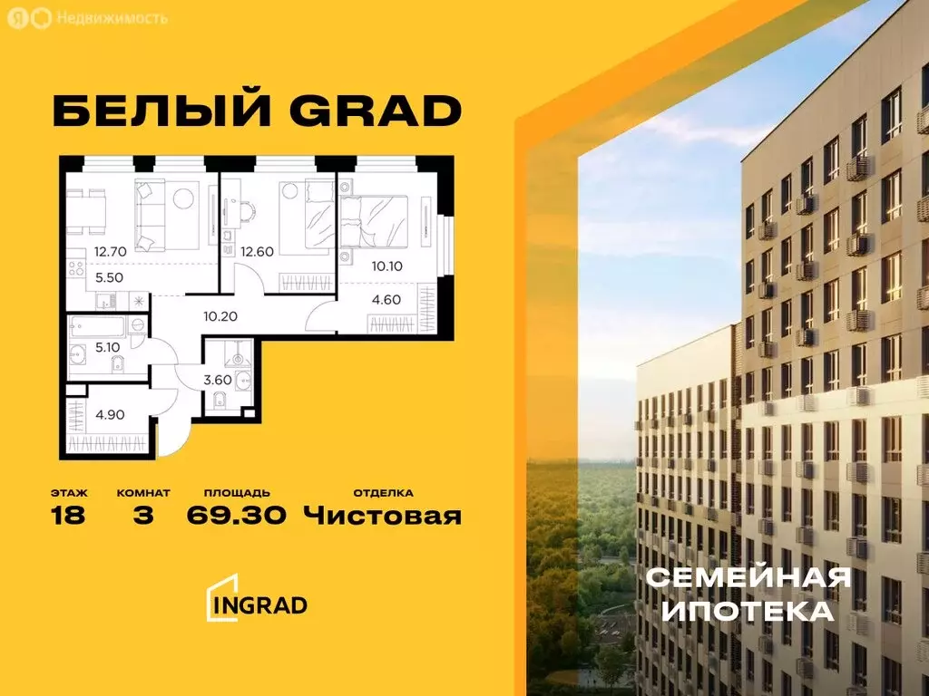 3-комнатная квартира: Мытищи, жилой комплекс Белый Grad, 12.3 (69.3 м) - Фото 0