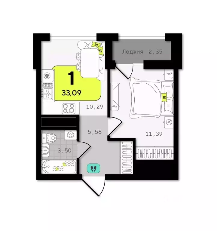 1-к кв. Тюменская область, Тюмень  (33.09 м) - Фото 1